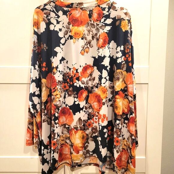 ODDY Plus Size Floral Blouse  V-Neck Dropped Shoulder Long Sleeve Silky/ Stretch - Picture 3 of 7